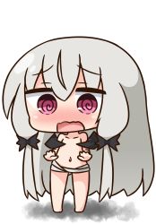 Rule 34 | 10s, 1girl, @ @, bandages, bare legs, barefoot, bat wings, black wings, blush, chibi, collarbone, covering privates, covering breasts, embarrassed, full body, grey hair, hair between eyes, hair ornament, hana kazari, long hair, looking at viewer, naked bandage, navel, nose blush, open mouth, purple eyes, solo, sophie twilight, standing, tonari no kyuuketsuki-san, topless, very long hair, wavy mouth, white background, wings