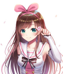 Rule 34 | 1girl, bare shoulders, blush, breasts, brown hair, closed mouth, collarbone, commentary request, detached sleeves, fingernails, flower, hair flower, hair ornament, hair ribbon, hairband, kizuna ai, kizuna ai inc., long hair, long sleeves, medium breasts, multicolored hair, petals, pink flower, pink hair, pink hairband, pink ribbon, ribbon, sailor collar, seungju lee, shirt, simple background, sleeveless, sleeveless shirt, sleeves past wrists, smile, solo, streaked hair, very long hair, virtual youtuber, white background, white sailor collar, white shirt