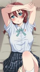 Rule 34 | 1girl, :o, arms up, bed sheet, blue eyes, blush, braid, breasts, brown hair, collared shirt, cowboy shot, emma verde, freckles, from above, grey skirt, hair between eyes, highres, knee up, large breasts, long hair, looking at viewer, looking up, love live!, love live! nijigasaki high school idol club, low twintails, lying, neck ribbon, nijigasaki academy school uniform, on back, on bed, open mouth, panties, pantyshot, pillow, pink lips, plaid, plaid skirt, pleated skirt, ribbon, school uniform, shadow, shirt, short sleeves, sincos, skirt, socks, solo, summer uniform, twin braids, twintails, underwear, white panties, white shirt, white socks