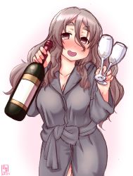 Rule 34 | 1girl, alcohol, alternate costume, artist logo, bath, bathrobe, bottle, breasts, brown eyes, cloth, collarbone, cowboy shot, cup, dated, drinking glass, drunk, glass, gradient background, grey hair, highres, holding, holding cup, kanon (kurogane knights), kantai collection, long hair, looking at viewer, medium breasts, miniskirt, open mouth, pola (kancolle), red background, shirt, signature, simple background, skirt, solo, towel, wavy hair, white background, white shirt, wine, wine bottle