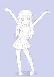 Rule 34 | 1girl, angel exercise, arms up, blue theme, blunt bangs, blush, bow, chestnut mouth, eyebrows, furude rika, gaou (babel), higurashi no naku koro ni, kneehighs, long hair, monochrome, monochrome background, musical note, pleated skirt, quaver, semiquaver, shirt, simple background, sketch, skirt, socks, solo, suspenders