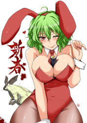 Rule 34 | 10s, 1girl, 2011, ;), animal ears, aoi manabu, between breasts, blush, breasts, capcom, cleavage, covered navel, fake animal ears, female focus, food, green hair, huge breasts, kazami yuuka, lagombi, leotard, makizushi, monster hunter, monster hunter (series), monster hunter portable 3rd, naughty face, new year, one eye closed, pantyhose, plaid, playboy bunny, rabbit, rabbit ears, red eyes, short hair, smile, solo, sushi, touhou, white background, wink, wrist cuffs