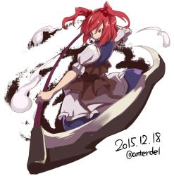 Rule 34 | 1girl, apron, asutora, commentary request, copyright request, dated, dress, ghost tail, hair bobbles, hair ornament, holding, holding weapon, one-hour drawing challenge, onozuka komachi, open mouth, puffy short sleeves, puffy sleeves, purple dress, red hair, sash, scythe, short sleeves, solo, standing, touhou, twintails, twitter username, two side up, weapon