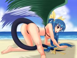 Rule 34 | 1girl, all fours, arc system works, ass, asymmetrical wings, barefoot, beach, bikini, blue hair, blush, bow, breasts, day, dizzy (guilty gear), feet, guilty gear, hair ribbon, large breasts, long hair, ocean, open mouth, outdoors, red eyes, ribbon, shadow, sideboob, solo, swimsuit, tail, tail ornament, tail ribbon, water, wings, wiz (shadow)