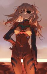 Rule 34 | 1girl, absurdres, arm at side, blue eyes, bodysuit, breasts, chinese commentary, commentary request, covered collarbone, cowboy shot, evangelion: 3.0 you can (not) redo, expressionless, eyepatch, floating hair, from below, frown, hand on own hip, highres, horizon, interface headset, lcl, long hair, looking afar, looking ahead, looking at viewer, medium breasts, neon genesis evangelion, one eye covered, orange hair, outdoors, plugsuit, rebuild of evangelion, red bodysuit, serious, sky, solo, souryuu asuka langley, standing, two side up, wdnmwsm, wind