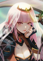 Rule 34 | blunt bangs, bracer, breasts, cape, cleavage, dress, gem, hand on own face, head rest, highres, hololive, hololive english, looking at viewer, magion02, mori calliope, pink hair, pout, pouty lips, scythe, solo, spikes, tiara, veil, virtual youtuber