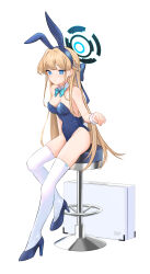 Rule 34 | 1girl, animal ears, bare shoulders, blonde hair, blue archive, blue footwear, blue leotard, blush, bow, bowtie, braid, breasts, briefcase, cleavage, closed mouth, commentary, detached collar, earrings, fake animal ears, fake tail, full body, groin, halo, high heels, highres, jewelry, katuko deluxe, leotard, long hair, playboy bunny, rabbit ears, rabbit tail, sitting, small breasts, smile, solo, stool, stud earrings, tail, thighhighs, toki (blue archive), toki (bunny) (blue archive), white background, white thighhighs, wrist cuffs