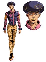Rule 34 | 1boy, araki hirohiko (style), grandguerrilla, highres, jojo no kimyou na bouken, jojolion, long sleeves, looking at viewer, male focus, multiple views, official style, pants, parody, parted lips, pompadour, shoes, simple background, standing, style parody, tooru (jojolion), white background, yellow eyes, yellow lips, yellow pants