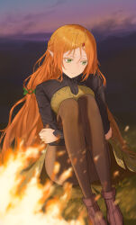 Rule 34 | 1girl, absurdres, black sweater, blush, brown footwear, brown pantyhose, clip studio paint (medium), closed mouth, commentary request, dress, e ga ku, elf, fire, forehead jewel, grass, green eyes, highres, hugging own legs, isekai ojisan, knees to chest, long hair, long sleeves, looking away, orange hair, outdoors, pantyhose, pointy ears, shoes, sitting, sky, solo, sui (isekai ojisan), sweatdrop, sweater, tsundere, very long hair, yellow dress