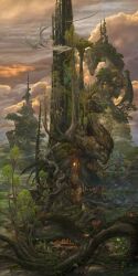 absurdres building cloud cloudy_sky dagon door fantasy fungi highres monster moss no_humans original outdoors overgrown plant_roots realistic scenery sky tree uchio_kazumasa