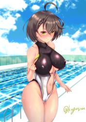 Rule 34 | 1girl, adapted costume, ahoge, azur lane, baltimore (azur lane), bare shoulders, black one-piece swimsuit, blue sky, blurry, blurry background, blush, braid, breasts, brown hair, center opening, chain-link fence, closed mouth, clothing cutout, cloud, collarbone, commentary request, covered collarbone, covered erect nipples, cowboy shot, day, fence, french braid, groin, hair between eyes, hand up, highres, kuga zankurou, large breasts, looking at viewer, navel, one-piece swimsuit, outdoors, partial commentary, pool, poolside, short hair, sidelocks, sky, smile, solo, standing, stomach cutout, swimsuit, twitter username, two-tone swimsuit, underboob, underboob cutout, water, wet, wet clothes, wet swimsuit, white one-piece swimsuit, wide hips, yellow eyes