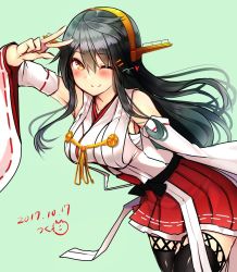 Rule 34 | 1girl, artist name, bare shoulders, black hair, black thighhighs, brown eyes, dated, detached sleeves, green background, hair between eyes, hairband, haruna (kancolle), headgear, heart, japanese clothes, kantai collection, long hair, nontraditional miko, one eye closed, pleated skirt, red skirt, ribbon-trimmed sleeves, ribbon trim, skirt, smile, solo, thighhighs, tsukui kachou, v, wide sleeves