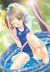 Rule 34 | 1girl, :d, brown eyes, brown hair, feet, female focus, foot focus, hose, long hair, looking at viewer, one-piece swimsuit, one eye closed, open mouth, saitou tsukasa, school swimsuit, sitting, smile, solo, swimsuit, wading pool, wink