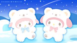 Rule 34 | animal costume, bear costume, blue bow, bow, falling star, full body, ice, my melody, my sweet piano, no humans, official art, open mouth, pink bow, sanrio, smile, stuffed animal, stuffed rabbit, stuffed toy
