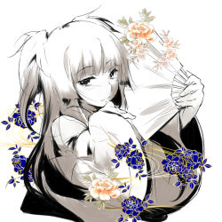 Rule 34 | 1girl, blunt bangs, blush, character request, daiki, flower, folding fan, hand fan, hime cut, japanese clothes, kimono, long hair, looking at viewer, monochrome, solo, spot color, two side up, wide sleeves