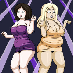 2girls asian belly blonde_hair breasts brown_hair clubbing courtney cuties dance_club dancing dress kim lordstormcaller miniskirt multiple_girls non-web_source plump rolls short_dress skirt smile stomach strapless strapless_dress thighs tight_clothes