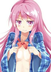 Rule 34 | 1girl, blue shirt, blush, bow, bowtie, breasts, breasts apart, closed mouth, collarbone, collared shirt, e.o., hata no kokoro, highres, jitome, long hair, looking at viewer, no bra, open clothes, open shirt, pink eyes, pink hair, plaid, plaid shirt, red bow, red bowtie, shirt, simple background, small breasts, solo, sweat, touhou, tsurime, undressing, upper body, very long hair, white background, wide sleeves