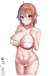 Rule 34 | 1girl, ahoge, alternate costume, armpit crease, bare shoulders, bikini, blush, breasts, brown eyes, brown hair, cleavage, commentary request, cowboy shot, cropped legs, eyepatch bikini, hair between eyes, hair flaps, headband, highres, kantai collection, large breasts, looking at viewer, navel, one-hour drawing challenge, parted lips, shiratsuyu (kancolle), short hair, simple background, solo, swimsuit, tf cafe, twitter username, white background, white bikini