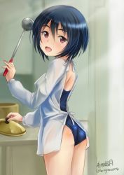 Rule 34 | 1girl, apron, artist name, ass, bad id, bad twitter id, black hair, blue one-piece swimsuit, blurry, blurry background, brave witches, cowboy shot, depth of field, from behind, full body, haruhata mutsuki, holding, kitchen, ladle, long sleeves, looking at viewer, looking back, one-piece swimsuit, open mouth, pot, purple eyes, school swimsuit, shimohara sadako, short hair, signature, solo, standing, swimsuit, twitter username, world witches series