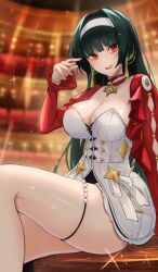 1girl :d absurdres astra_yao beads black_hair blurry blurry_background breasts cleavage cropped_jacket dress earrings hairband hand_up highres jacket jewelry large_breasts looking_at_viewer necklace open_mouth red_eyes red_jacket rinse_7 sitting smile solo thigh_strap thighs white_dress white_hairband zenless_zone_zero