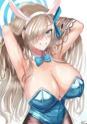 Rule 34 | 1girl, absurdres, animal ears, arm up, armpits, asuna (blue archive), asuna (bunny) (blue archive), benz (rita29), blonde hair, blue archive, blue eyes, blue leotard, blue neckwear, blush, bow, bowtie, breasts, cleavage, commentary, commentary request, dated, detached collar, english commentary, fake animal ears, hair over one eye, hairband, heart, heart-shaped pupils, highres, huge breasts, leotard, long hair, looking at viewer, mixed-language commentary, mole, mole on breast, pantyhose, parted lips, playboy bunny, rabbit ears, shiny clothes, shiny skin, sidelocks, signature, smile, solo, strapless, strapless leotard, symbol-shaped pupils, teeth, traditional bowtie, upper body