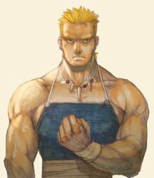 Rule 34 | 1boy, aquiline nose, bara, beard stubble, blonde hair, clenched hand, facial hair, final fantasy, final fantasy vi, frown, jewelry, large pectorals, looking at viewer, male focus, mature male, midriff sarashi, muscular, muscular male, necklace, overalls, pectoral cleavage, pectorals, prema-ja, sabin rene figaro, sarashi, serious, short hair, short ponytail, sidepec, solo, straight-on, stubble, thick eyebrows, tooth necklace, upper body, white background
