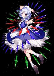 Rule 34 | 1girl, apron, bandages, black background, blue dress, bobby socks, bow, braid, brown footwear, commentary request, danmaku, dress, fingernails, frilled apron, frills, full body, green bow, grin, hair bow, head tilt, highres, holding, holding knife, holding weapon, izayoi sakuya, knife, loafers, looking at viewer, maid, maid apron, maid headdress, mika pikazo, nail polish, red eyes, shoes, short hair, short sleeves, silver hair, simple background, smile, socks, solo, torn clothes, torn dress, touhou, twin braids, weapon, white socks
