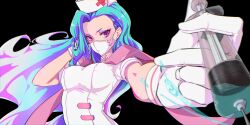 Rule 34 | 1girl, absurdres, blue hair, breasts, cross, estelle (omega strikers), gloves, gradient hair, hat, highres, holding, holding syringe, long hair, mask, medium breasts, mouth mask, multicolored hair, nurse, nurse cap, omega strikers, outstretched arm, pokechun29, purple eyes, purple hair, simple background, solo, syringe, white gloves