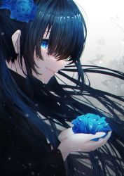 Rule 34 | 1girl, absurdres, black hair, blue eyes, blue flower, blue hair, blue rose, blue theme, closed mouth, crying, crying with eyes open, cupping hands, floating hair, flower, from side, grey background, hair flower, hair ornament, hands up, highres, holding, holding flower, light particles, long hair, long sleeves, looking at viewer, moririto, original, own hands together, profile, rose, smile, solo, tears, turtleneck, upper body