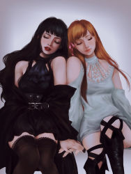 Rule 34 | 2girls, absurdres, black dress, black hair, black nails, brown hair, closed eyes, detached sleeves, dress, final fantasy, final fantasy xiv, gaia (ff14), hair ribbon, hand on another&#039;s hand, highres, leaning on person, lipstick, long hair, makeup, multiple girls, nail polish, parted lips, raviollies, ribbon, ryne waters, sitting, smile, thighhighs