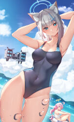 Rule 34 | 2girls, absurdres, ahoge, animal ear fluff, animal ears, armpits, arms behind head, arms up, back, bare arms, bare legs, bare shoulders, beach, bikini, black one-piece swimsuit, blue-tinted eyewear, blue archive, blue eyes, blue sky, blush, breasts, bright pupils, cloud, competition swimsuit, covered navel, cowboy shot, cross hair ornament, day, dreamtokitty, dutch angle, extra ears, eyewear on head, frilled bikini, frills, grey hair, groin, hair bobbles, hair ornament, halo, hand on own knee, heterochromia, highleg, highleg swimsuit, highres, hoshino (blue archive), hoshino (swimsuit) (blue archive), innertube, knees up, long hair, looking at viewer, medium breasts, medium hair, mismatched pupils, mountainous horizon, multiple girls, official alternate costume, one-piece swimsuit, open mouth, outdoors, parted lips, pink hair, shiroko (blue archive), shiroko (swimsuit) (blue archive), shoulder blades, sidelocks, signature, sitting, sky, solo focus, swim ring, swimsuit, teeth, thighs, tinted eyewear, two-tone swimsuit, upper teeth only, water, white bikini, white pupils, wolf ears