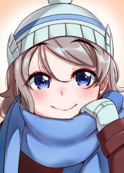 Rule 34 | 1girl, beanie, blue eyes, blue scarf, blush, closed mouth, hand up, hat, highres, igarashi kyouhei, long sleeves, looking at viewer, love live!, love live! sunshine!!, medium hair, mittens, portrait, scarf, smile, solo, watanabe you, winter clothes