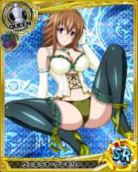 Rule 34 | 1girl, black thighhighs, bow, bow panties, breasts, brown hair, bustier, card (medium), chess piece, cleavage, elbow gloves, female focus, frilled thighhighs, frills, gloves, green footwear, green panties, hair between eyes, high heels, high school dxd, lace, lace-trimmed legwear, lace trim, large breasts, looking at viewer, mature female, navel, official art, panties, purple eyes, queen (chess), sitting, solo, thighhighs, underwear, venelana gremory, white gloves