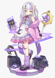 Rule 34 | 1girl, absurdres, apron, black footwear, book, bow, bowtie, closed mouth, commentary request, crescent, dress, full body, grey background, grey hair, hair ornament, hairclip, hat, unworn hat, unworn headwear, highres, holding, holding wand, hololive, jacket, long hair, long sleeves, looking at viewer, loose socks, magic, maid day, multicolored hair, murasaki shion, murasaki shion (magical girl maid), off shoulder, oisiimizu, open clothes, open jacket, orange eyes, pink bow, pink bowtie, pink hair, pink jacket, pink skirt, purple dress, purple hair, purple legwear, simple background, skirt, sleeveless, sleeveless dress, sleeves past wrists, socks, solo, standing, standing on one leg, streaked hair, virtual youtuber, wand, white apron, witch hat