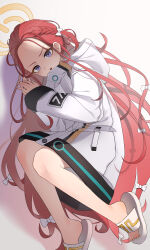 Rule 34 | 1girl, absurdres, blue archive, braid, commentary request, fetal position, flip-flops, forehead, hair ribbon, halo, highres, hood, hooded jacket, jacket, knees up, long hair, long sleeves, looking at viewer, lying, on side, parted bangs, parted lips, purple eyes, red hair, ribbon, sandals, sidelocks, simple background, single braid, solo, toes, wavy hair, white jacket, xiamu chiyu, yuzu (blue archive)