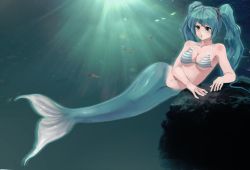 Rule 34 | 1girl, :o, bikini, blue hair, breasts, fins, fish tail, hatsune miku, long hair, mermaid, midriff, monster girl, swimsuit, tail, underboob, underwater, vocaloid