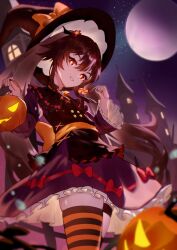 Rule 34 | 1girl, alternate costume, brown hair, dress, full moon, genshin impact, halloween, halloween bucket, hat, highres, hu tao (genshin impact), looking at viewer, moon, naeeeegi, night, night sky, red hair, sky, smile, solo, striped clothes, striped thighhighs, thighhighs, twintails, witch hat, zettai ryouiki