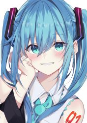 Rule 34 | 1girl, bad id, bad pixiv id, blue eyes, blue hair, blue necktie, blush, chroemaguro, collared shirt, detached sleeves, grin, hair between eyes, hair ornament, hair over shoulder, hatsune miku, long hair, long sleeves, looking at viewer, necktie, portrait, shirt, simple background, sleeveless, sleeveless shirt, smile, solo, twintails, vocaloid, white background, white shirt, wing collar