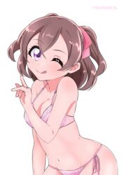 Rule 34 | 1girl, ;q, blush, boh stick, bra, breasts, brown hair, cleavage, closed mouth, commentary, delicious party precure, hair ribbon, highres, index fingers together, leaning forward, licking lips, looking at viewer, medium breasts, medium hair, nagomi yui, navel, one eye closed, panties, pink bra, pink panties, pink ribbon, precure, purple eyes, ribbon, side-tie panties, simple background, smile, solo, standing, string panties, tongue, tongue out, twitter username, two side up, underwear, underwear only, white background
