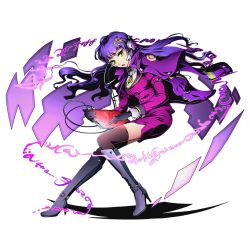 Rule 34 | 10s, 1girl, black gloves, black hair, boots, divine gate, floating hair, full body, gloves, hair ornament, hairclip, headphones, high heel boots, high heels, holding, knee boots, long hair, neck ribbon, official art, open mouth, purple footwear, purple hair, purple skirt, ribbon, shadow, sherid (divine gate), skirt, solo, thighhighs, transparent background, ucmm, yellow eyes, yellow ribbon, zettai ryouiki