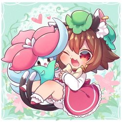 Rule 34 | 1girl, ;3, ;d, alternate color, animal ear fluff, animal ears, bloomers, border, bow, bowtie, brown hair, cat ears, cat tail, chen, chibi, creatures (company), dress, earrings, fang, full body, game freak, gen 8 pokemon, gossifleur, green headwear, happy, heart, ibaraki natou, jewelry, long sleeves, looking at another, multiple tails, nekomata, nintendo, one eye closed, open mouth, outside border, pokemon, red dress, red eyes, shiny pokemon, single earring, smile, solo, tail, touhou, two tails, underwear, white border, white bow, white bowtie, ||/
