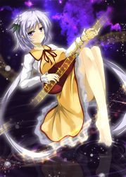 Rule 34 | 1girl, akisome hatsuka, barefoot, biwa lute, dress, flower, hair flower, hair ornament, instrument, long hair, long sleeves, looking at viewer, lute (instrument), music, musical note, panties, pantyshot, playing instrument, pointy ears, purple eyes, reflection, shirt, silver hair, sitting, smile, solo, space, sparkle, touhou, tsukumo benben, twintails, underwear, upskirt, very long hair, water, waves, white panties, yellow dress