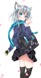 Rule 34 | 1girl, animal ears, ass, bag, black gloves, black skirt, black thighhighs, blue archive, blue eyes, blue jacket, blue scarf, blush, bookbag, cherry blossoms, clothes lift, cross hair ornament, doku momo, fingerless gloves, from behind, gloves, hair ornament, highres, holding, jacket, long sleeves, looking at viewer, looking back, parted lips, petals, plaid, plaid skirt, playing with own hair, scarf, school uniform, shiroko (blue archive), shirt, short hair, silver hair, skirt, skirt lift, standing, teeth, thighhighs, white background, white shirt, wolf ears, wolf girl