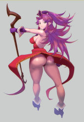 Rule 34 | 1girl, angela (seiken densetsu 3), ass, colored skin, don (rg06268), earrings, from behind, green eyes, highres, holding, holding staff, jewelry, long hair, looking back, pink skin, pointy ears, purple hair, seiken densetsu, seiken densetsu 3, solo, staff