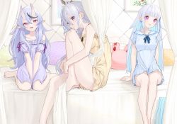 Rule 34 | 3girls, ahoge, bare legs, barefoot, bed, between legs, black hair, blue camisole, blue dress, blue hair, blunt bangs, breasts, camisole, closed mouth, colored inner hair, commentary, day, dress, full body, grin, hair between eyes, hand between legs, highres, higuchi kaede, horns, hugging own legs, indoors, knee to chest, light blue hair, lize helesta, long hair, looking at viewer, medium breasts, mole, mole under eye, mole under mouth, multicolored hair, multiple girls, nijisanji, open mouth, pillow, pink eyes, pointy ears, purple eyes, rabbit-shaped pillow, rindou mikoto, sailor collar, short dress, silver hair, sitting, skin-covered horns, sleeveless, smile, streaked hair, tamayume, thighs, virtual youtuber, wariza, yellow camisole