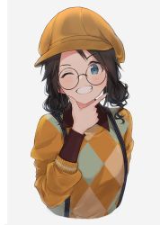 Rule 34 | 1girl, absurdres, black hair, blue eyes, cabbie hat, commentary request, double bun, finger to own chin, glasses, grin, hair bun, hanetsuka, hat, highres, idolmaster, idolmaster shiny colors, looking at viewer, mitsumine yuika, nail polish, one eye closed, smile, solo, sweater, upper body, white background, yellow hat, yellow sweater