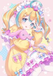 Rule 34 | 1girl, absurdres, ahoge, amakawa hano, blonde hair, blue eyes, blue hair, bow, commission, dress, frilled dress, frills, hair bow, hair ornament, highres, kemamire, long hair, long sleeves, multicolored hair, pantyhose, puffy long sleeves, puffy sleeves, re:act, skeb commission, smile, solo, star (symbol), star hair ornament, streaked hair, stuffed animal, stuffed rabbit, stuffed toy, v, virtual youtuber, white dress, white pantyhose
