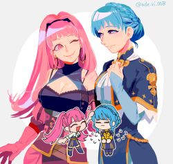 Rule 34 | 2girls, bags under eyes, blue dress, blue hair, blush, braid, breasts, chibi, cleavage, cleavage cutout, clothing cutout, cowboy shot, crown braid, detached sleeves, dress, dual persona, earrings, closed eyes, female focus, fire emblem, fire emblem: three houses, garreg mach monastery uniform, gloves, grey background, hairband, hand on own chest, hilda valentine goneril, hoop earrings, jewelry, large breasts, lips, long hair, looking at another, marianne von edmund, matching hair/eyes, medium breasts, multiple girls, nintendo, one eye closed, open mouth, headpat, pink eyes, pink gloves, pink hair, prrrr333, purple eyes, short hair, simple background, smile, sweatdrop, twintails, twitter username, two-tone background, white background, wink, yuri