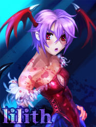 Rule 34 | 1girl, bare shoulders, blood, blood splatter, blue pantyhose, capcom, character name, cleavage cutout, clothing cutout, corset, demon girl, elbow gloves, flat chest, gloves, hand on own hip, head wings, leotard, lilith aensland, lipstick, makeup, pantyhose, purple hair, purple lips, red eyes, red leotard, short hair, skinny, solo, vampire (game), wings, zero hime