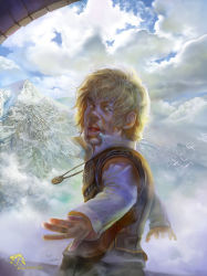 Rule 34 | 1boy, a song of ice and fire, artist name, back, beard, bird, blonde hair, cloud, day, dwarf, facial hair, green eyes, injury, jewelry, male focus, mountain, necklace, open mouth, ring, sky, solo, teeth, teiiku (artist), tyrion lannister, upper body